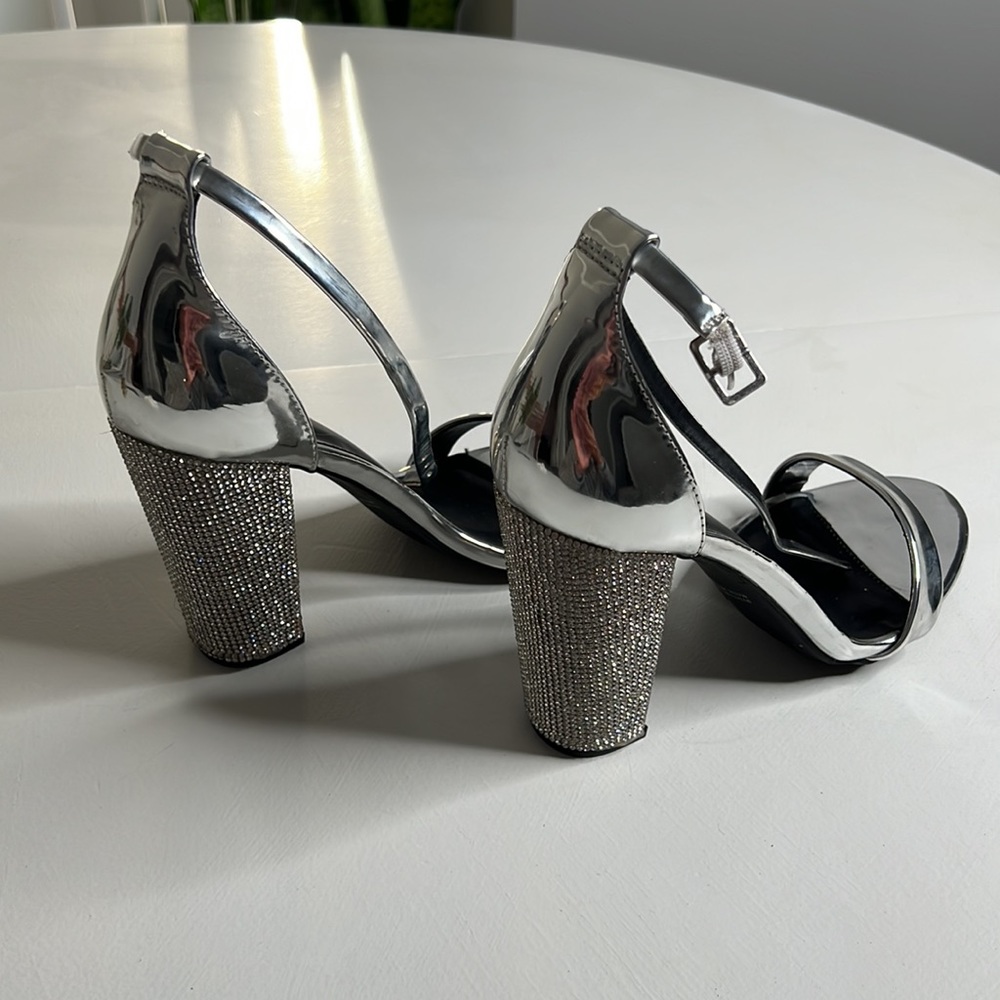 Mirror silver heels with sparkly embellished heel